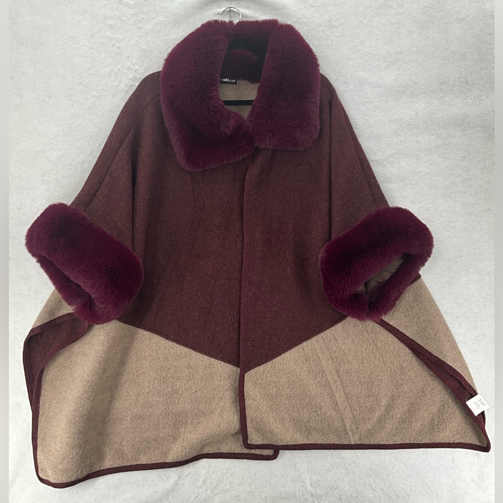 Creation Poncho Womens Winter Jacket Faux Rabblit Fur Shawl Cape Loose Woolen OS